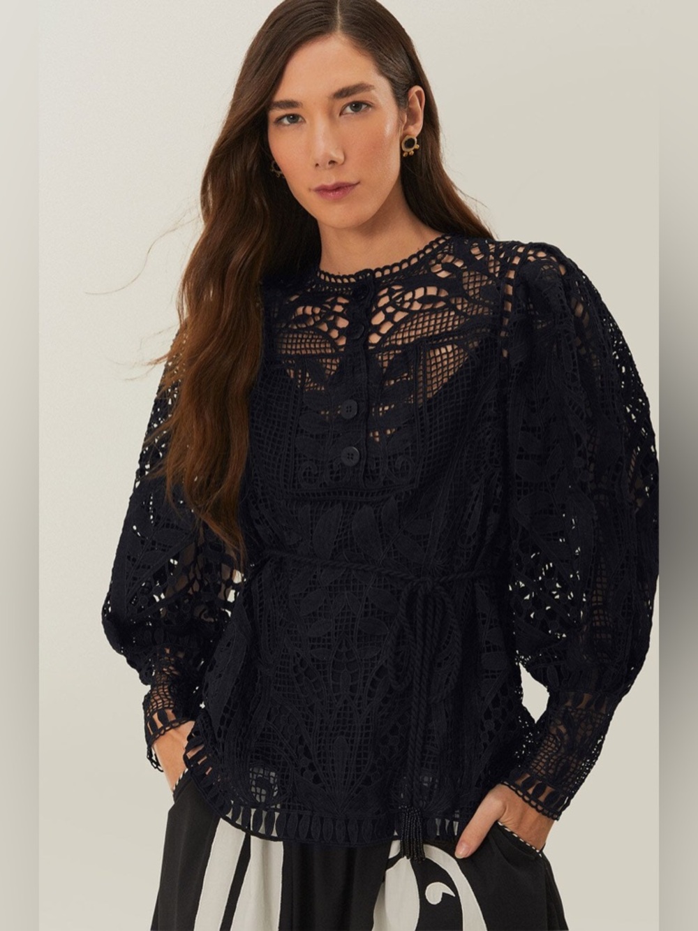 FARM RIO Guipire Puff Sleeve Black Blouse S